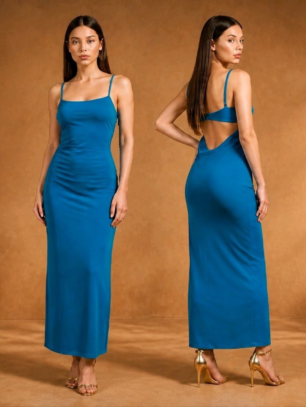 Blue Strappy Square Neck Backless Bodycon Maxi Dress - Modern & Minimalist XS